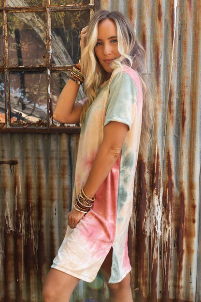 Tie Dye Oversized Slit Tee Dress | Multicolour