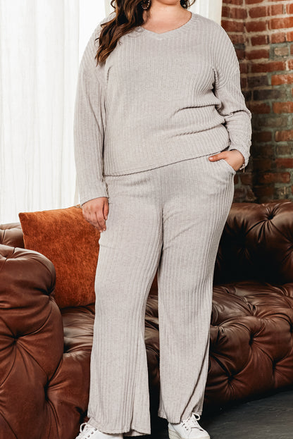 Plus Size Ribbed V Neck Pullover And Pants Set | Parchment