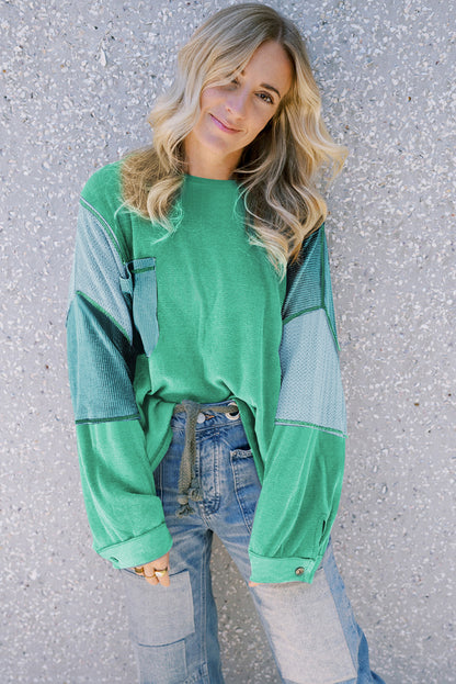 Colourblock Stitching Patchwork Buttoned Long Sleeve Top | Green