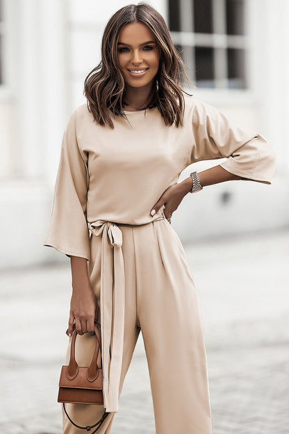 Bracelet Sleeve Waist Tie Wide Leg Jumpsuit | Apricot