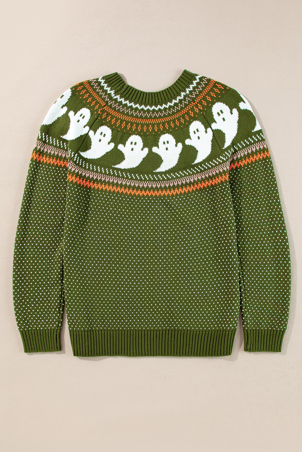 Halloween Ghost Pattern Drop Shoulder Sweater | Jungle Green