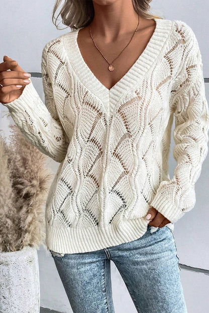 Hollow Out Knit V Neck Drop Shoulder Sweater | Beige