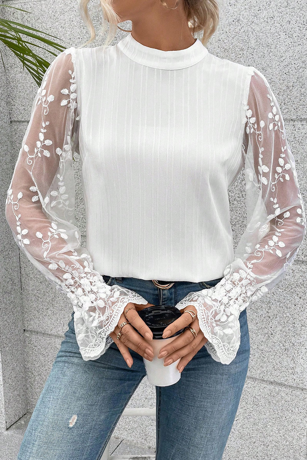 Contrast Lace Sleeve Mock Neck Textured Blouse | White