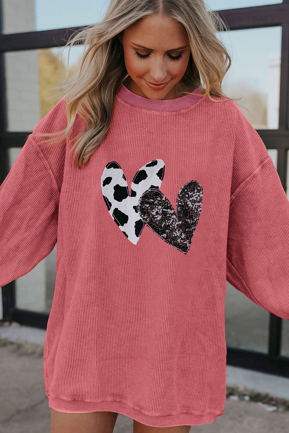 Leopard Sequin Heart Graphic Corded Sweatshirt | Strawberry Pink