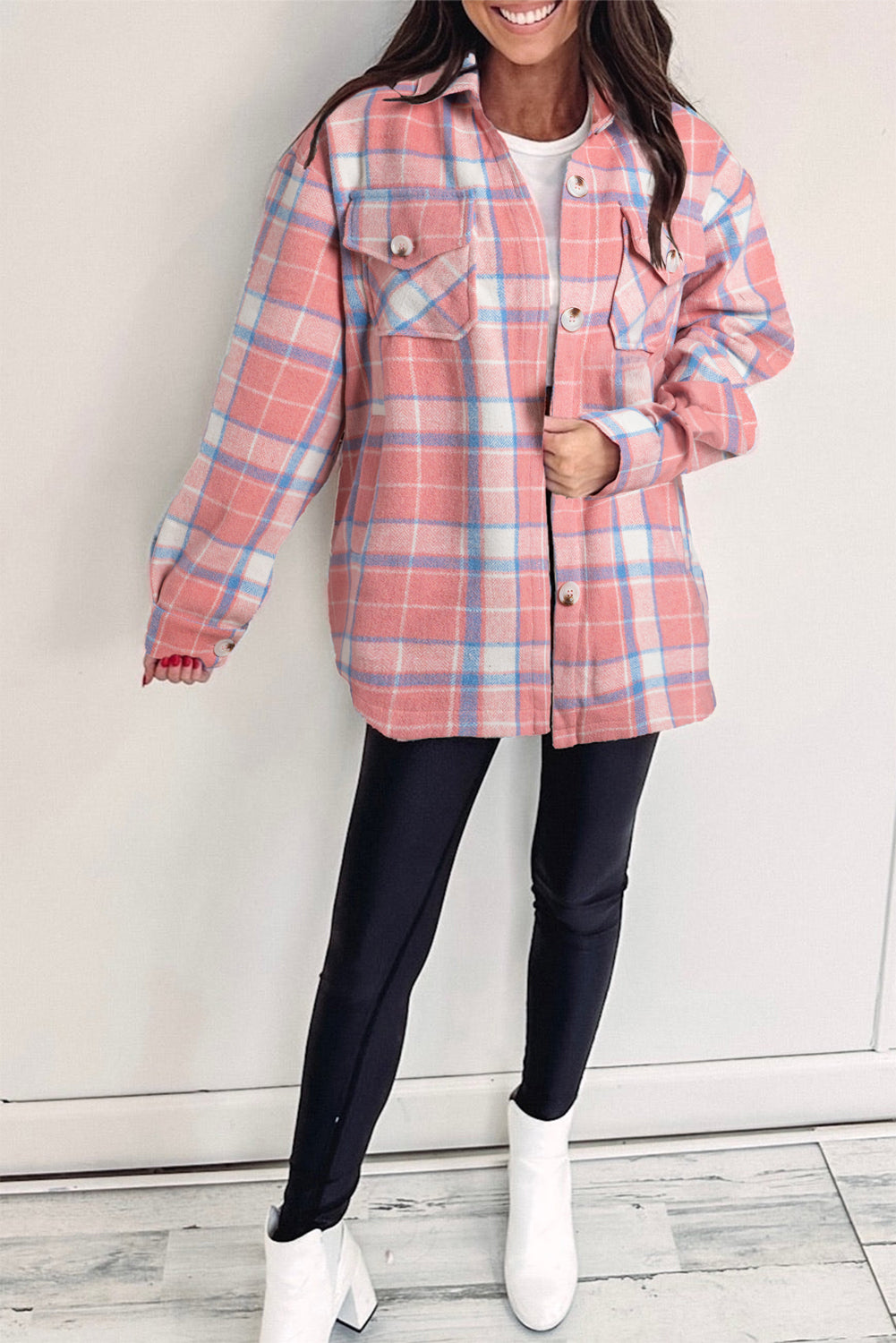 Plaid Flap Pocket Button Up Shacket | Pink