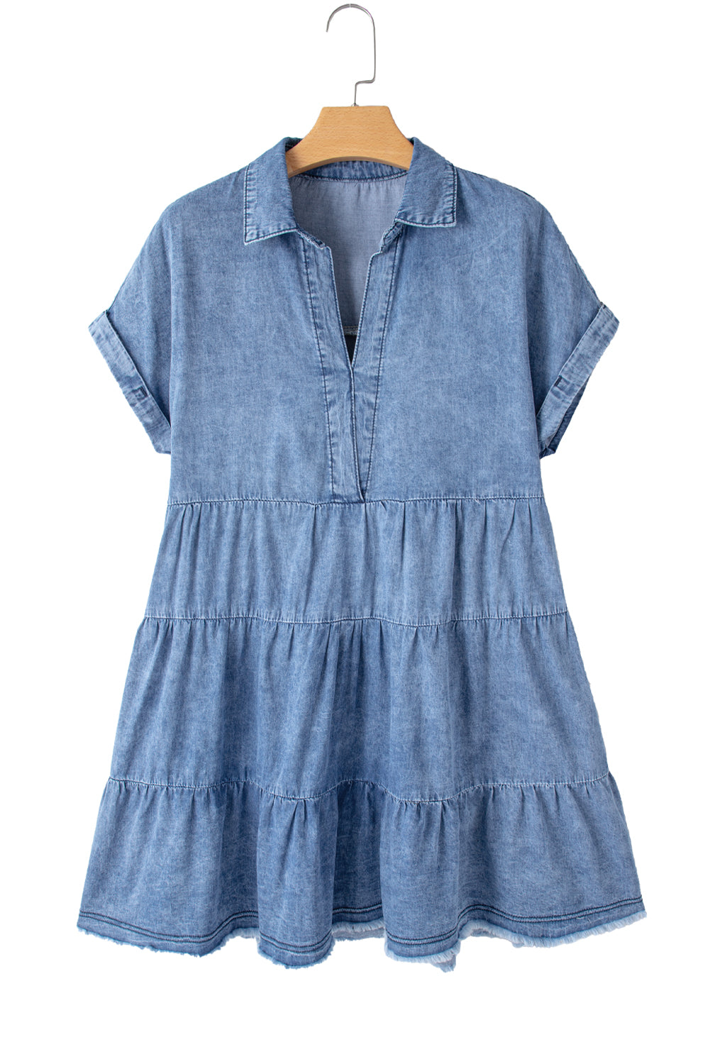 Acid Wash V Neck Tiered Denim Dress | Sky Blue