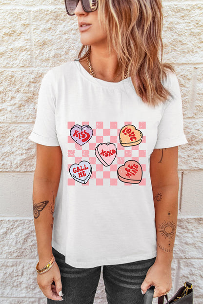 Checkered Valentines Heart Printed Crewneck T Shirt | White