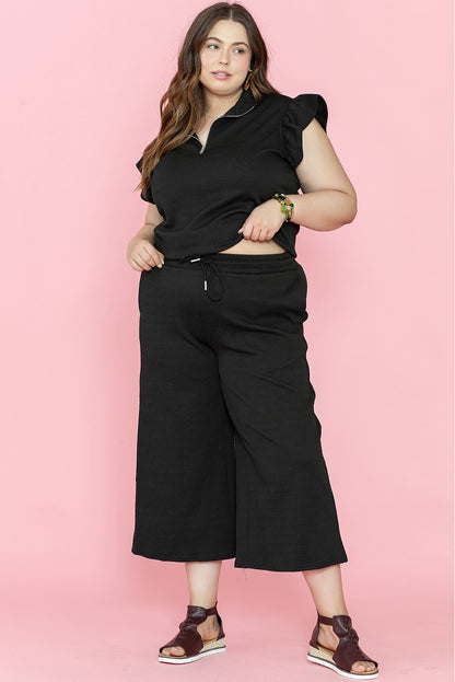 Plus Ruffled Sleeve Quarter Zip Top Wide Leg Pants Set | Black