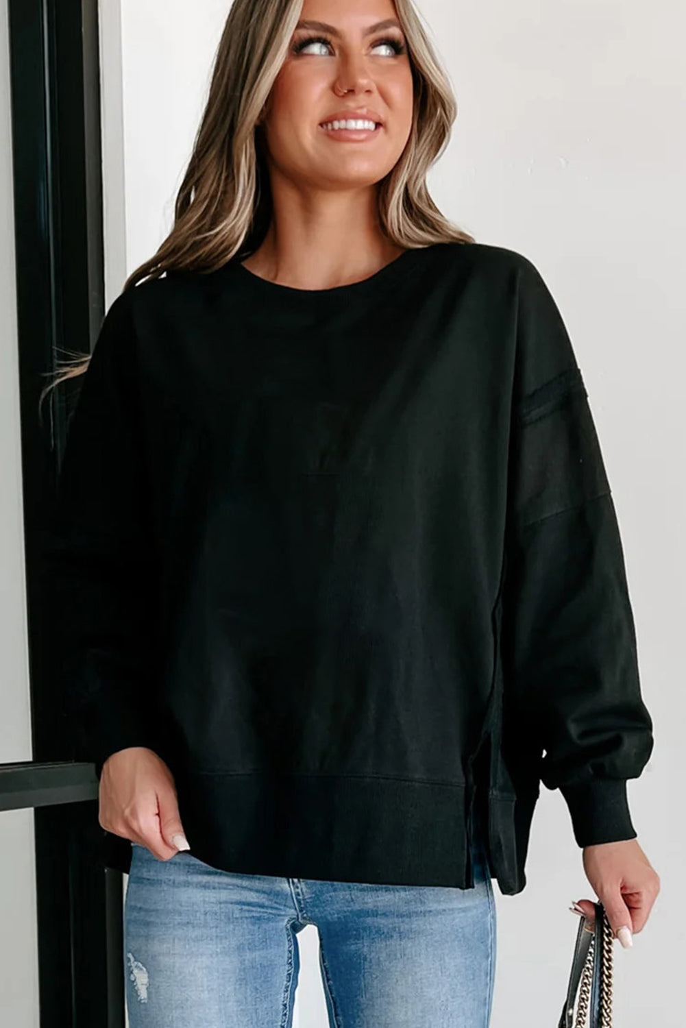 Exposed Seam Drop Shoulder Round Neck Sweatshirt With Slits | Black