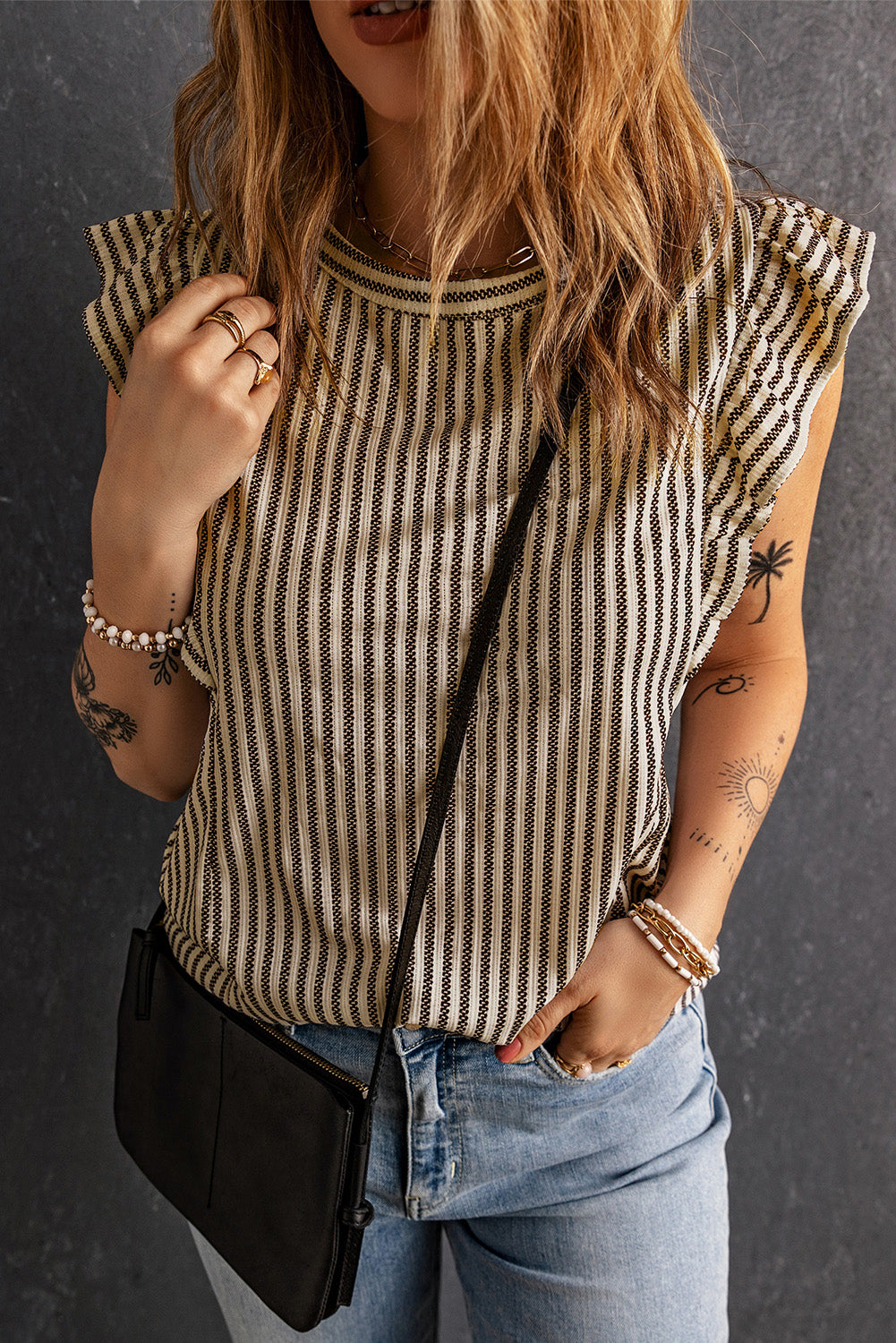 Striped Crew Neck Ruffled Tank Top | Khaki