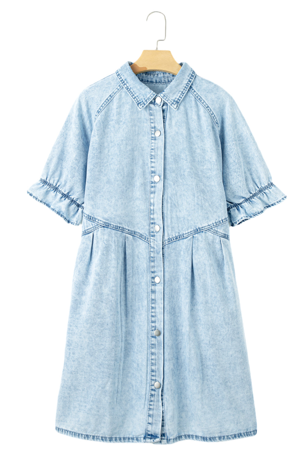 Mineral Wash Ruffled Short Sleeve Buttoned Denim Dress | Beau Blue