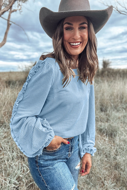 Corded Frilly Puff Sleeve Round Neck Blouse | Mist Blue