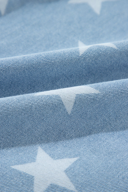 Star Print Light Wash Raw Hem Denim Jacket | Sky Blue