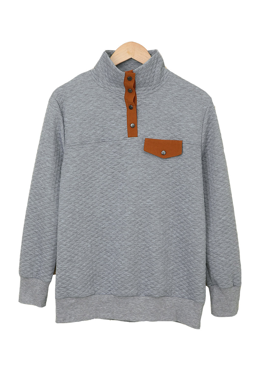 Quilted Snaps Stand Neck Pullover Sweatshirt With Fake Front Pocket | Gray