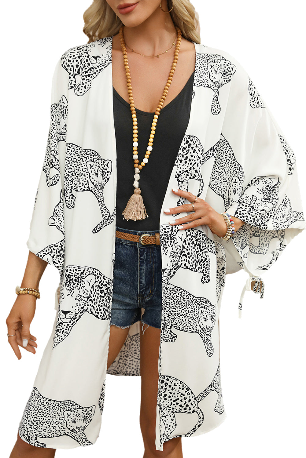 Cheetah Print Loose Fit Open Front Kimono | White