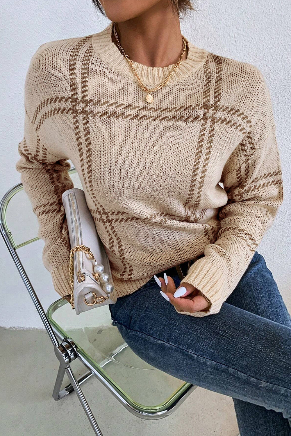 Plaid Pattern Knitted Drop Shoulder Sweater | Khaki