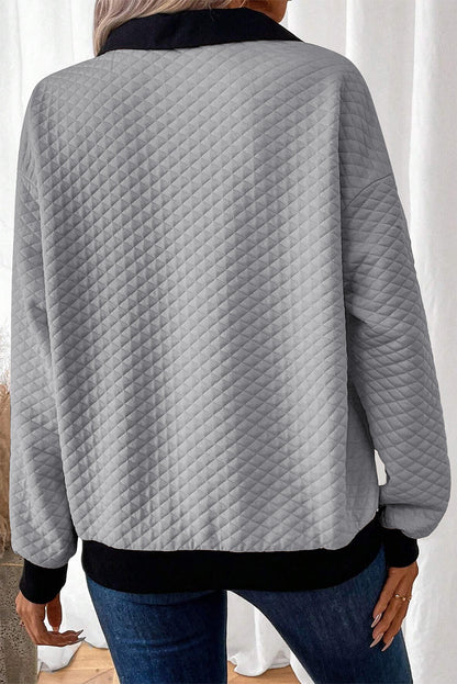 Textured Colourblock Edge Buttoned Collar Sweatshirt | Light Grey