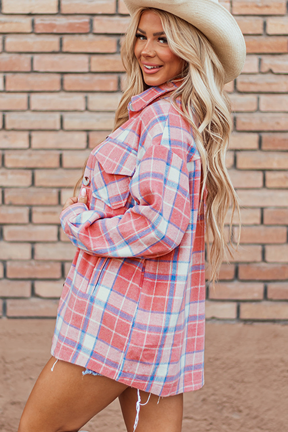 Plaid Flap Pocket Button Up Shacket | Pink