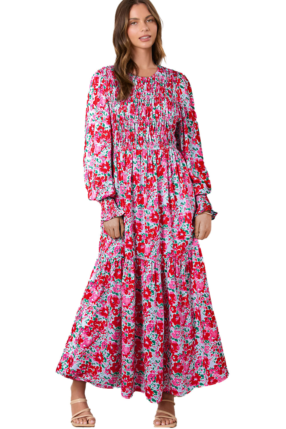 Floral Print Smocked Lantern Sleeve Tiered Maxi Dress | Sky Blue