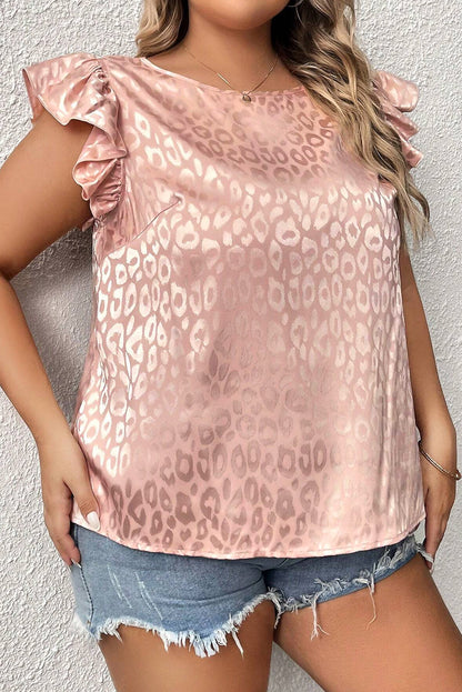 Plus Size Leopard Print Ruffled Flutter Sleeve Satin Blouse | Pink