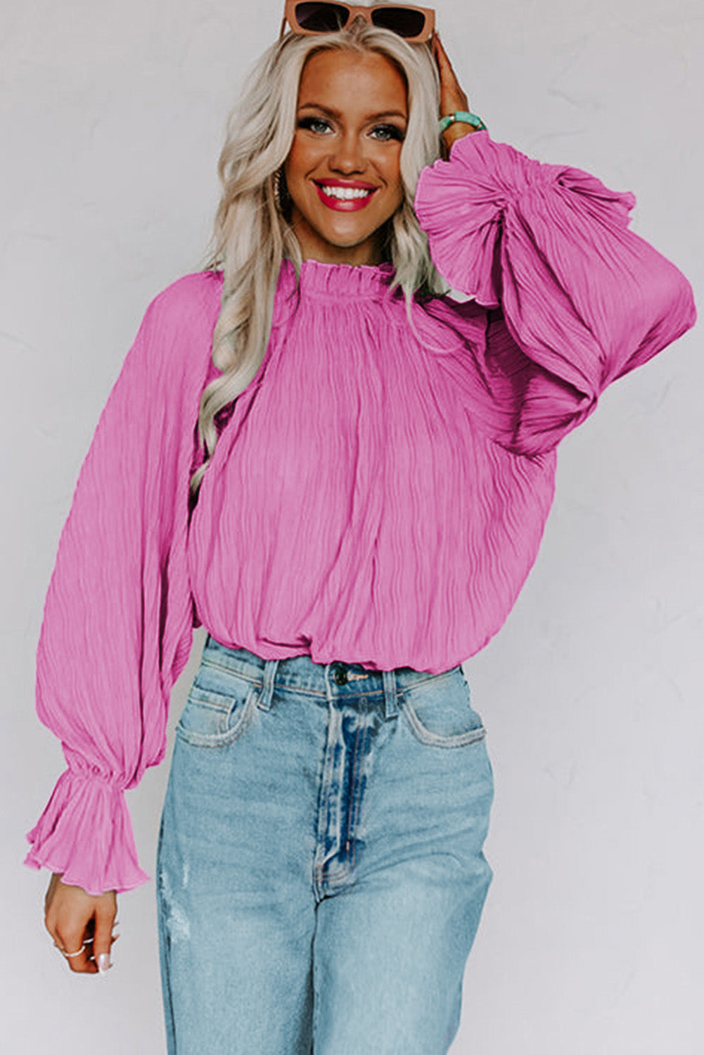 Striking Pleated Flared Cuff Long Sleeve Blouse | Pink