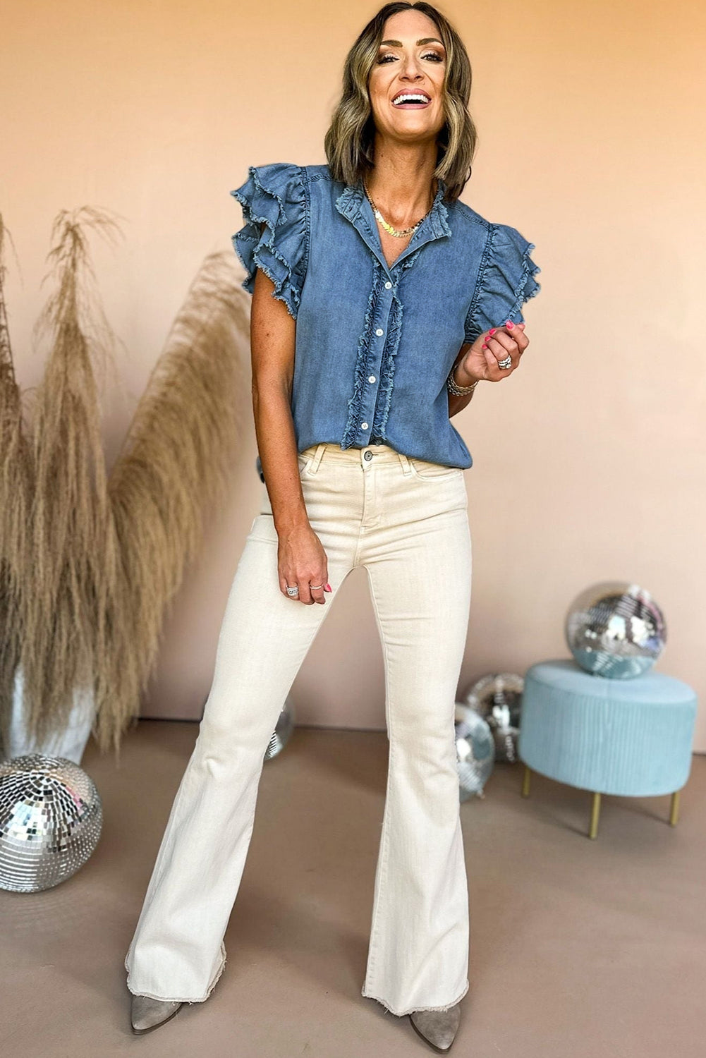 Button Front Ruffled Flutter Frayed Denim Top | Ashleigh Blue