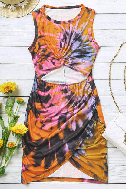 Multicolour Tie-Dye Print Hollow Out Twist Bodycon Mini Dress | Orange