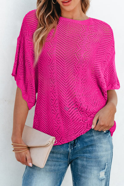 Pointelle Knit Scallop Edge Short Sleeve Top | Rose Red