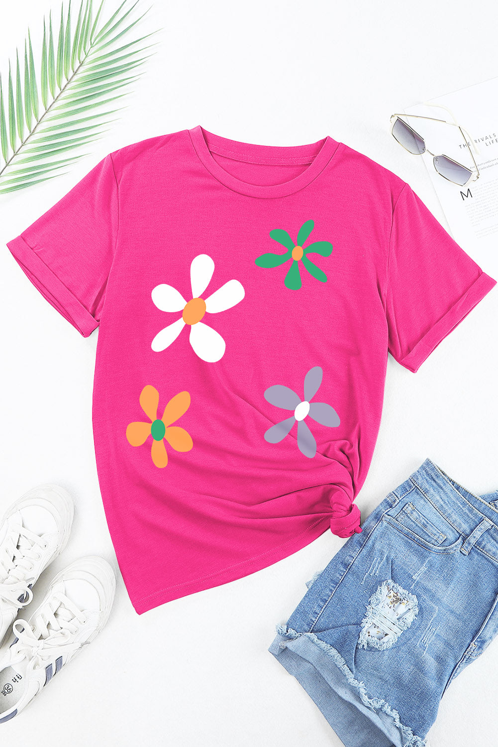 Summer Flower Print Fashion Cotton Tee | Rose Red