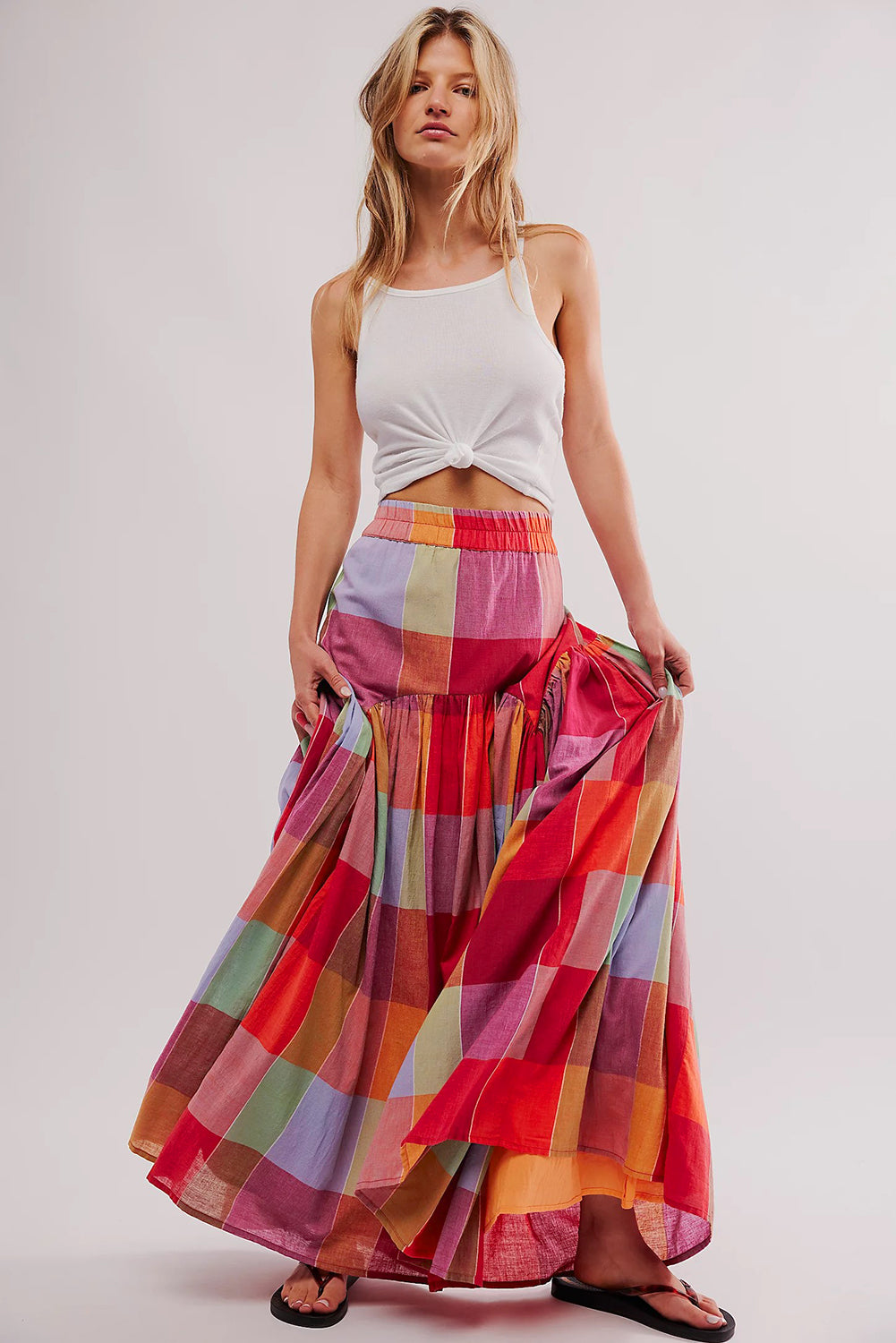 Plaid Print Ruched High Waist Casual Maxi Skirt | Multicolour