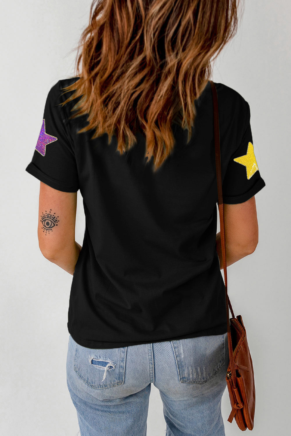 Colourful Sequin Stars Patched Relaxed T Shirt | Black