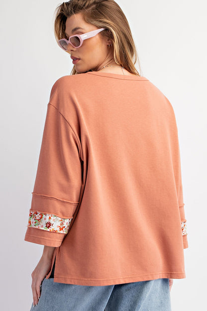 Flower Patch Graphic Exposed Seam Wide Sleeve Top | Grapefruit Orange