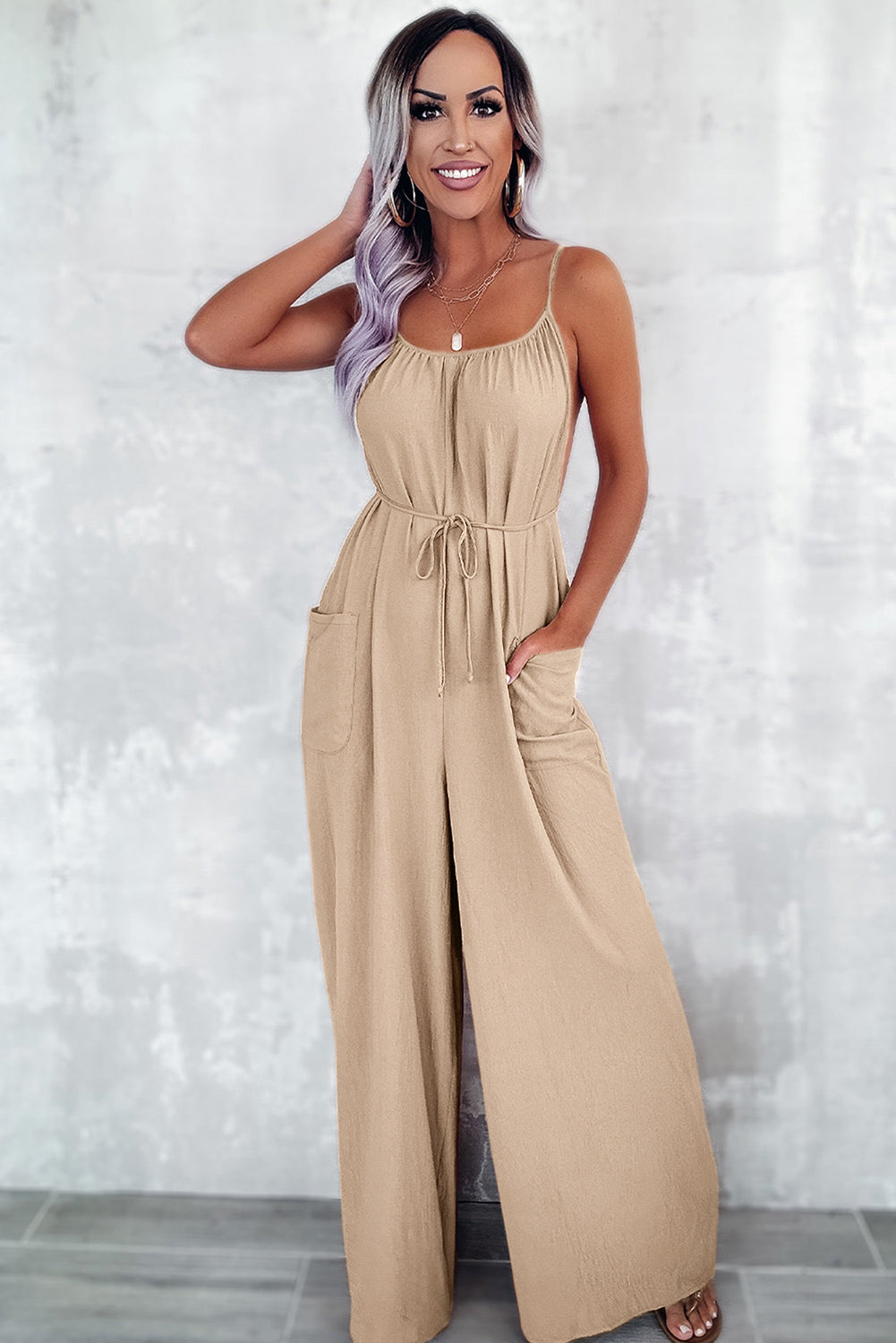 Spaghetti Straps Waist Tie Wide Leg Jumpsuit With Pockets | Apricot