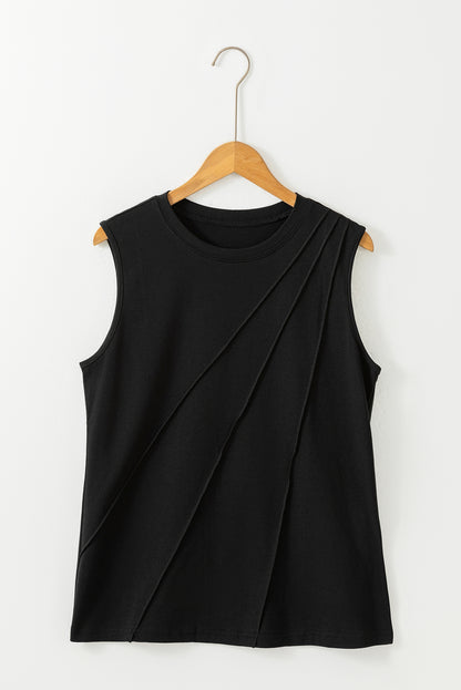 Crew Neck Pleated Tank Top | Black