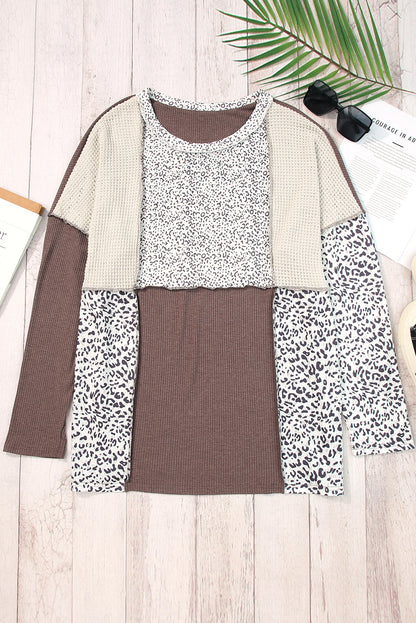 Colourblock Textured Knit Patchwork Top | Leopard