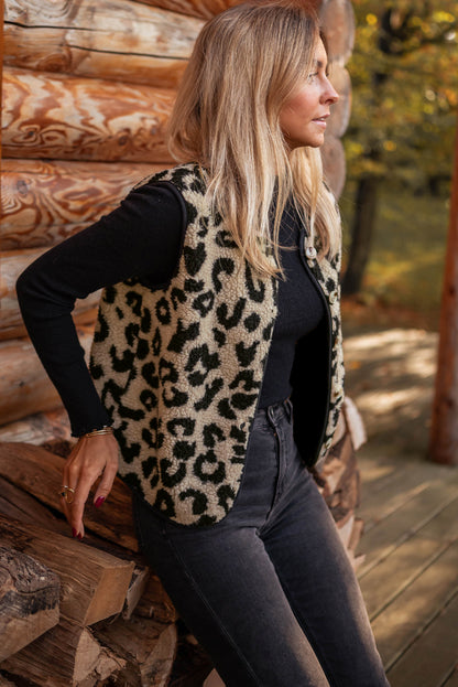 Leopard Print Sherpa Vest Coat | Black