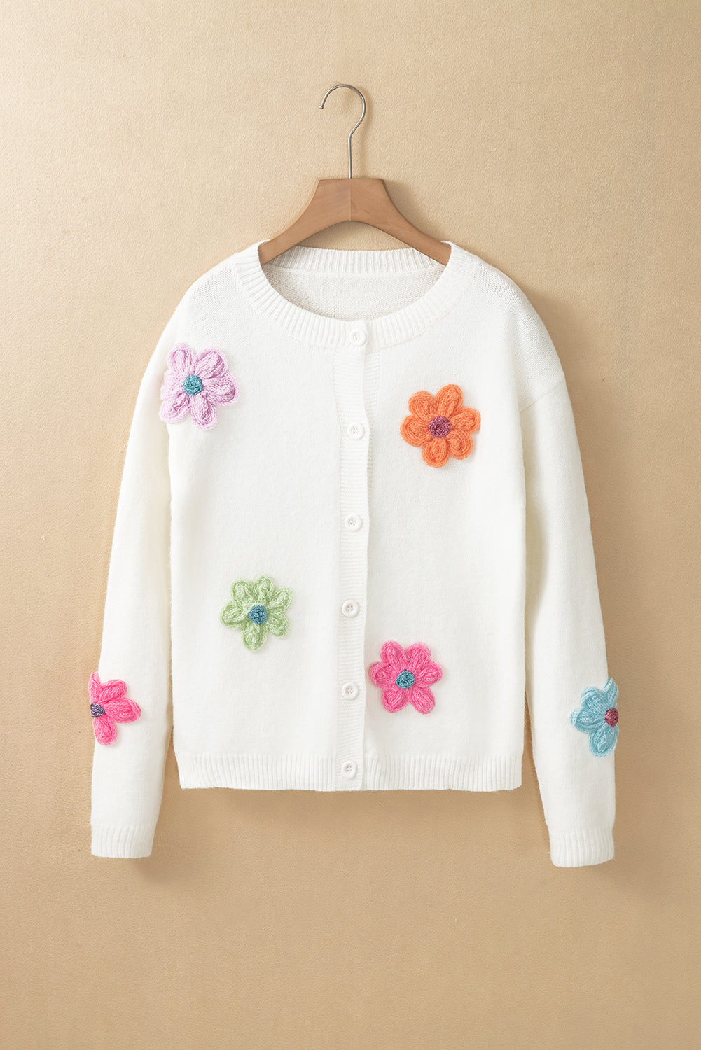 Cute Knitted Floral Pattern Button Up Cardigan | White