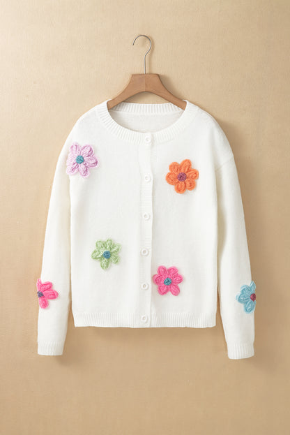 Cute Knitted Floral Pattern Button Up Cardigan | White