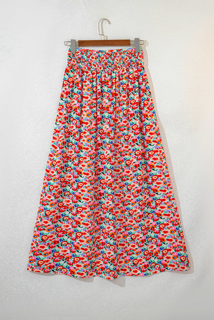 Floral Print Wide Waistband Side Slit Maxi Skirt | Red