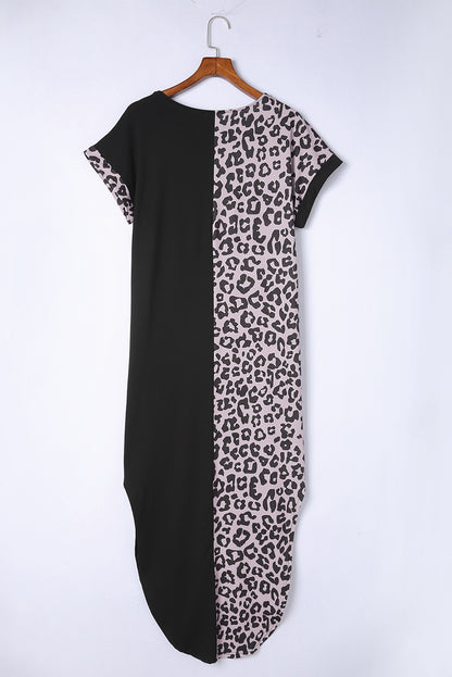 Contrast Solid Leopard Short Sleeve T-Shirt Dress With Slits | Black