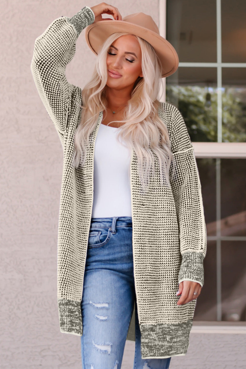 Plaid Knitted Long Open Front Cardigan | Apricot