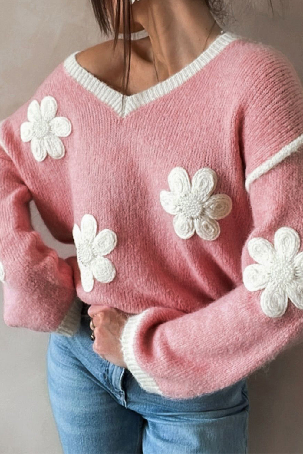 Flower V Neck Dropped Shoulder Sweater | Pink