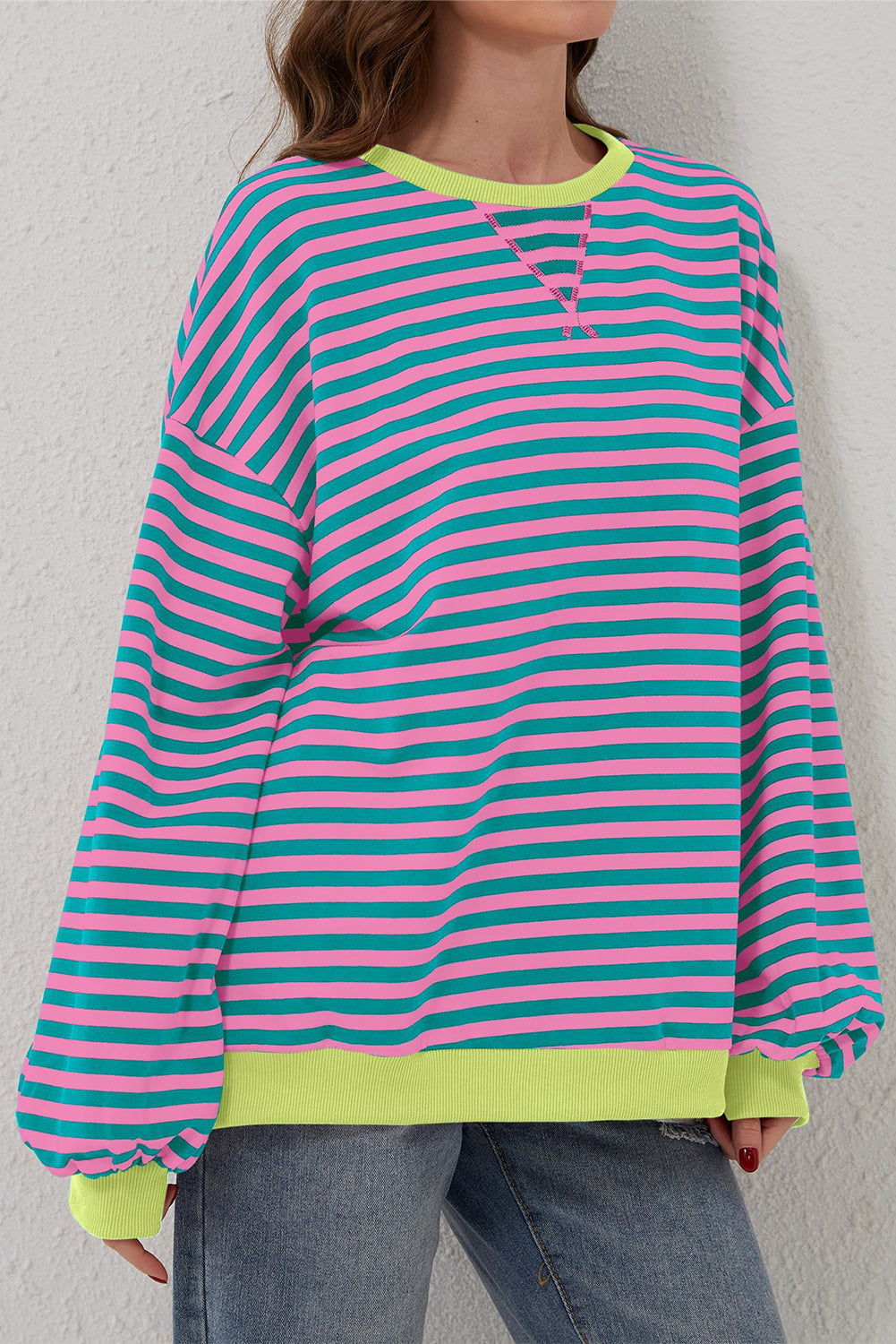 Oversized Contrast Trim Pullover Sweatshirt | Green Stripe