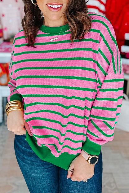 Waffle Knit Crew Neck Plus Size Sweatshirt | Pink Stripe