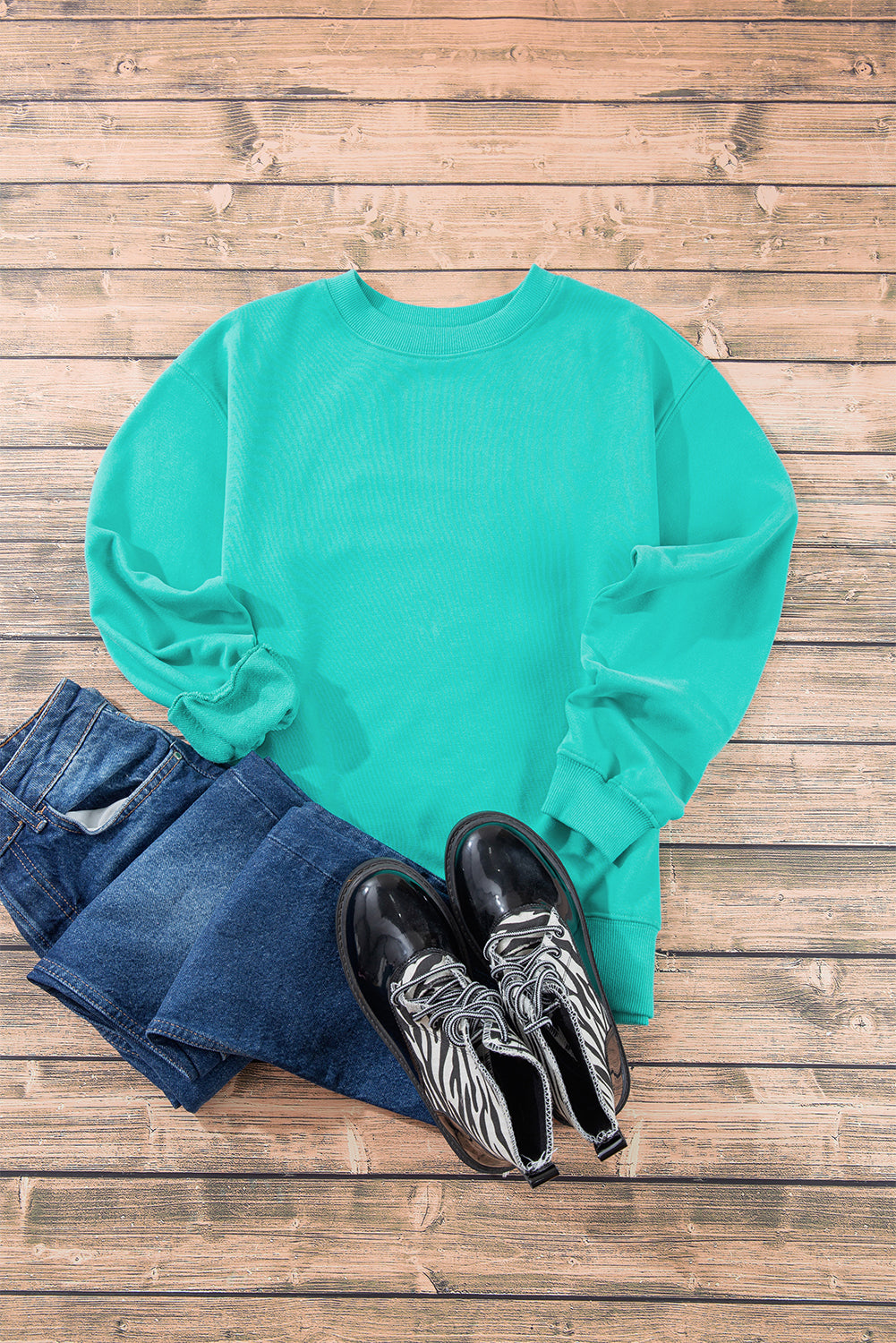 Plain Drop Shoulder Crewneck Pullover Sweatshirt | Aruba Blue