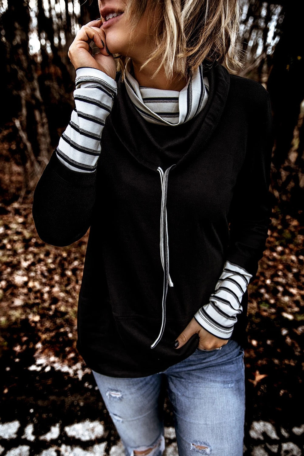 Striped Splicing High Neck Sweatshirt | Black