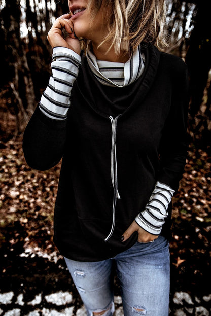 Striped Splicing High Neck Sweatshirt | Black