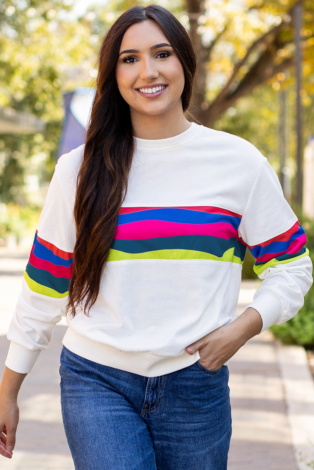 Colourful Striped Accent Long Sleeve T Shirt | White