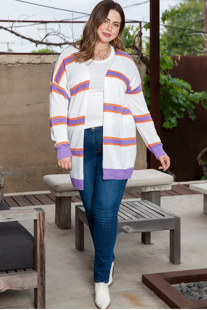 Plus Size Striped Dropped Shoulder Sweater Cardigan | Beige