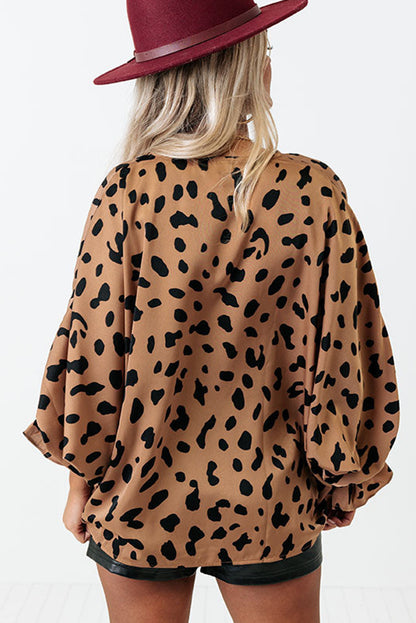 V Neck Ruffled Cuffs Loose Blouse | Leopard